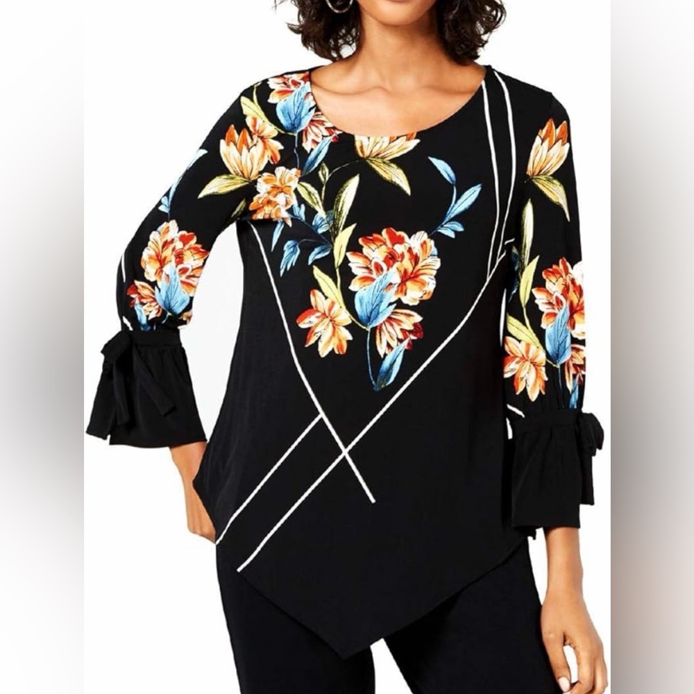 Alfani Black Asymmetrical Blouse with Vibrant Floral Design & Tie Sleeves
